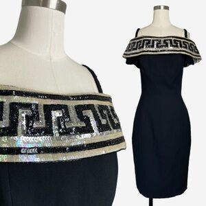 Vintage 90s AJ Bari Black off shoulder sequined top cocktail dress Greek key S